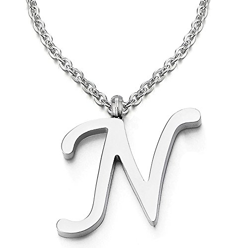 COOLSTEELANDBEYOND Nom Initial Lettre Alphabétique N Pendentif - Collier pour Femmes Homme - Acier - Couleur Argent - 50cm Corde Chaîne