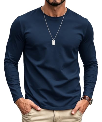 Image of SMENG Retro Style Long Sleeve T-Shirt Men, 100% Cotton Crew Neck Top, Urban Casual Shirt for Weekend Outfits Navy S