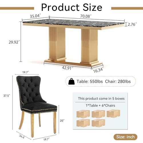 Marble-Dining-Table-Set-for-6-Rectangular-70-Dining-Room-Table-with-6-Black-Dining-Chairs-BlackGold-Dining-Table-with-Faux-Marble-Top-Large-Dining-Table-and-Chairs-Set-for-Home-Furniture Marble Dining Table Set for 6 Rectangular 70 Dining Room Table with 6 Black Dining Chairs BlackGold Dining Table with Faux Marble Top Large Dining Table and Chairs Set for Home Furniture