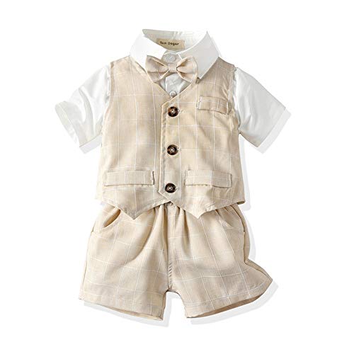 Tem Doger Baby Boys Formal Suit Toddler Gentleman Set Clothes Dress Slim Fit Short Sleeve Shirt+Beige Vest+Shorts Outfits Tuxedo (90/18-24 Months, Short-BRN)