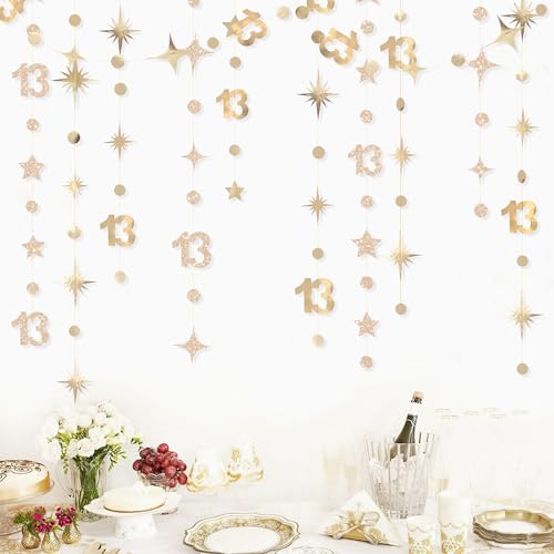 Image of Champagne Gold 13th Birthday Decorations Number 13 Circle Dot Twinkle Star Garland Glitter Streamer Banner Backdrop Girls Boys Cheers to 13 Years Old Birthday Official Teenager Party Supplies