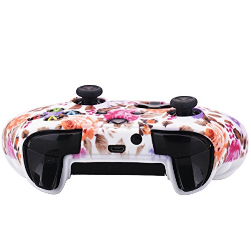 YoRHa Printing Rubber Silicone Cover Skin Case for Xbox One S/X Controller x 1(Flowers) with PRO Thumb Grips x 8