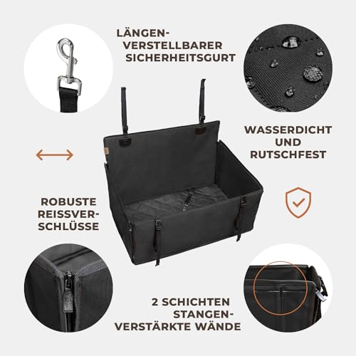 WUGLO Extra Stabiler Hunde Autositz mit Sicherheitsgurt – Wasserdichter und Robuster Autositz Hund für den Rücksitz mit 4 Befestigungsgurten, geeignet für große Hunde bis 26 kg