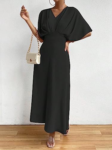 Floerns 82992988-XL Women'S V Neck Half Sleeve Ruched Cocktail Evening A Line Long Dress Black Xl thumb #3
