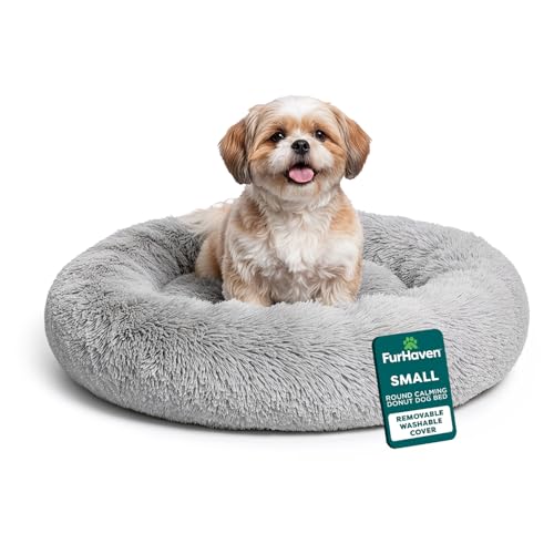 FurHaven 23" Calming Donut Dog Bed for Small Dogs & Cats, Round Plush Donut Design with Soft Filling for Snuggling Comfort, Removable Washable Cover, Small, Shaggy Faux Fur, Mist Gray by Furhaven - Used condition - US$18.44