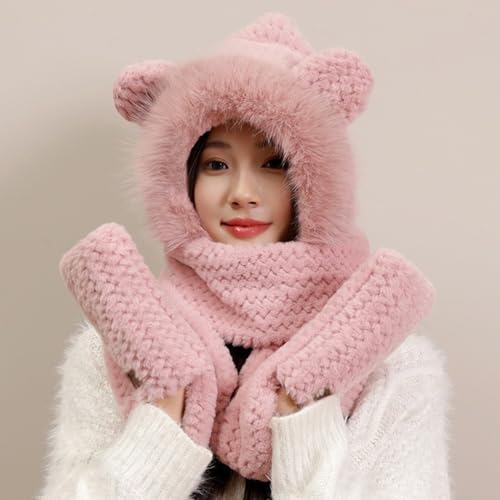 ​​Hooded Scarf Hat Gloves for Women Winter, Bear Ears 3-in-1 Set - Plush Faux Fur, Soft and Warm, Cute Hat with Mittens​​2