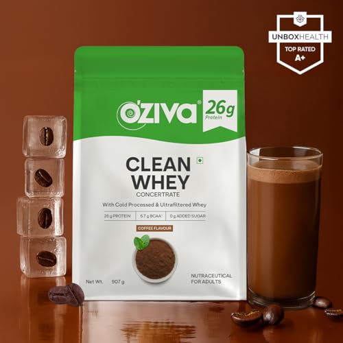 Image of OZiva Clean Whey Coffee Protein Powder, 2 lbs (907g) | 26g Protein per scoop | 100% Cold-Processed, Microfiltered for Better Absorption | Supports Muscle Recovery