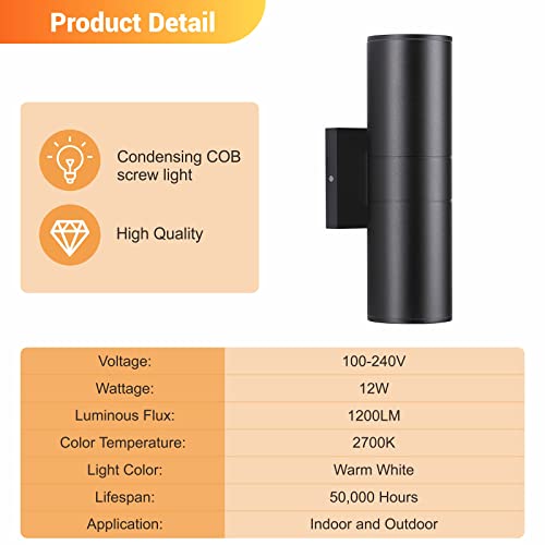 Image of DAKAFUL Outdoor Wall Lights 6Pack, Integrated LED Cylinder Up Down Lights, 12W 2700K Aluminum Exterior Wall Light, Outdoor Light Fixture for Porch Patio Door