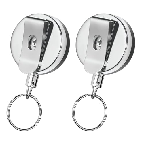 Image of AccuPrints Pack of 2 Heavy Duty Retractable Badge Holder with Key Ring, Chrome Metal, Professional ID Card Reel, Belt Clip Design