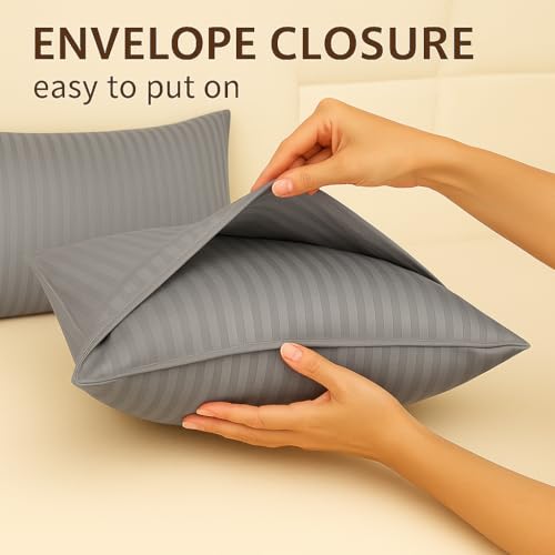 Image of Cotton Solid Striped Pillow Covers | Ultrasoft Breathable Envelope Closure| Pack of 2 Pillow Covers Standard Size (Wine, 27 x 17 Inches) (Grey)