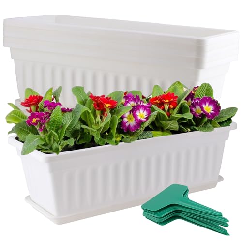 JOIKIT 6 macetas de plástico Blanco de 17 Pulgadas, Maceta Rectangular de 43 cm, Maceta Grande para alféizar de Ventana con Bandeja extraíble y Etiqueta Verde para Plantas para jardín