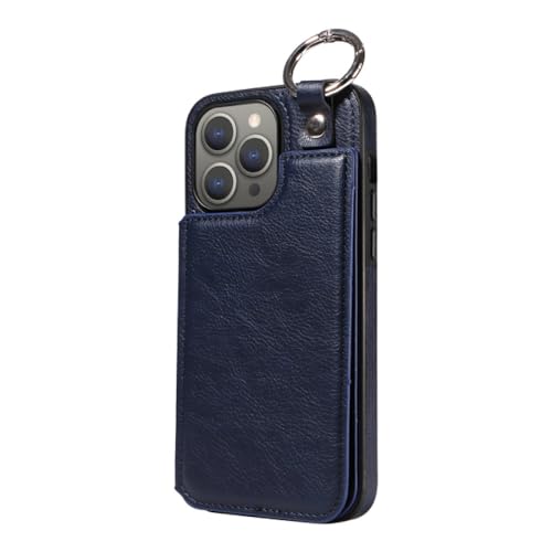 Étui portefeuille en cuir iPhone 14 avec support livre et bague anti-chute bleu marine