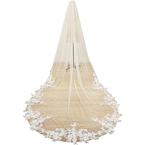 EllieWely Long Pearl Floral Lace Soft Tulle Wedding Bridal Veil with Metal Comb