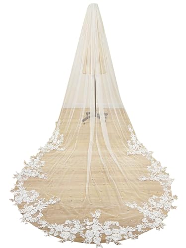 Opiniones de Chapelas para Mujer Top 5. 37 EllieWely - Velo de novia de tul suave de encaje floral con peine de metal, Marfil, Chapel Length:90inch(230cm)