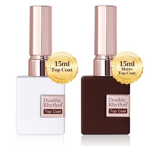 Double Rhythm 2 Pcs 15ML No Wipe Gel Top Coat and Base Coat Set Clear Glossy Gel Polish Kit Soak Off UV LED (Base and Top Coat)