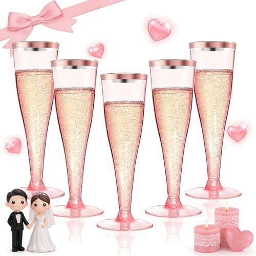 40 Pack Pink Rim Champagne Flutes Plastic Wine Glasses Disposable 4.5 Oz Pink Rim Mimosa Glasses for 2026 Engagement Wedding Birthday Bar Soccer Football Party Supplies Bulk Toasting Cocktail Cups