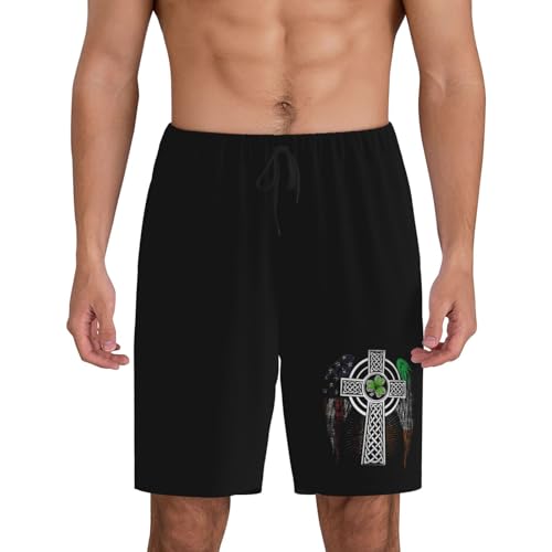 Irish American USA Flag Celtic Cross St Patrick's Day Pajama Shorts for Men, Men's Pajama Bottoms, Sleepwear for Summer