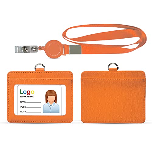 HYCOPROT ID Badge Holder with Lanyard Heavy Duty Retractable PU Leather Vertical Horizontal ID Card Holders with 1 Clear ID Window & 1 Credit Card Slot for School (Horizontal, Orange)