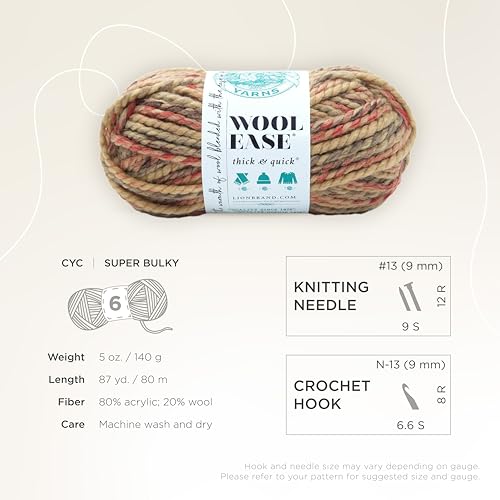 Image of Lion Brand Yarn, Wool-Ease Thick & Quick Yarn, Jam Cookie Tan Multi, 3 Pack | Super Bulky Wool Acrylic Blend Fiber for Soft Hats, Sweaters, Chunky Blankets, Yarn for Crochet, Knitting, Crafts, Weaving