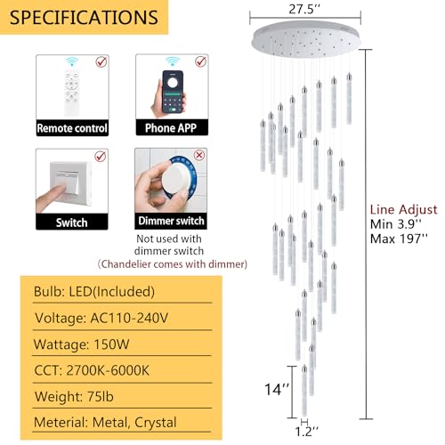 Image of 30-Light 197'' High Ceiling Chandeliers Modern Crystal Chandeliers for Entryway Long Spiral LED Dimmable Chandelier Flush Mount Ceiling Staircase Foyer Living Room Sloped ceilings Light Fixture