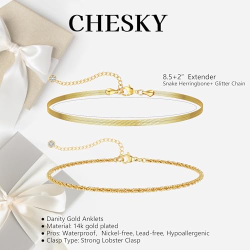 CHESKY Gold Ankle Bracelets for Women, 14k Gold Plated/Sterling Silver Anklet Bracelet Set Layered Glitter Box Paperclip Figaro Cuban Link Anklets for Women, Waterproof Summer Gold Jewelry Gifts
