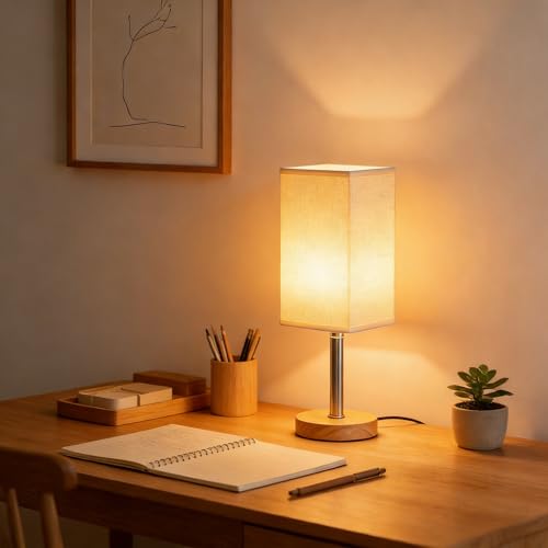 TFSWUFI Small Table Lamp for Bedroom, Bedside Lamp with 3000K Warm LED Bulb Included, Nightstand Lamp for Living Room Office Dorm Kids Room, Easy Assemble Minimalist Cream Shade & Wood Base(5W)