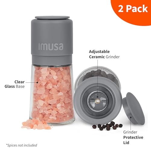 Image of IMUSA Salt and Pepper Grinder Set, 2-Pack, Manual | Adjustable ceramic core for fine-to-coarse grinding, ergonomic grip, glass base resists stains, 6oz means fewer refills