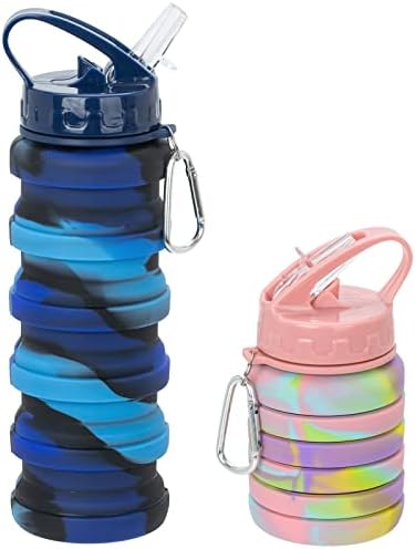 Pack of 2 Collapsible Water Bottles with Straw, 16oz Silicone Foldable Travel Water Bottle, Leakproof BPA Free, Compact Portable Packable Camping Water Bottle for Hiking Outdoor Indoor Sport