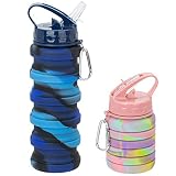Pack of 2 Collapsible Water Bottles with Straw, 16oz Silicone Foldable Travel Water Bottle, Leakproo