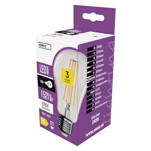 EMOS Edison LED Lampe Filament A60, 11W Ersatz für 100W Glühbirne, Vintage-Glühlampe mit E27 Sockel und Helligkeit 1521 lm, Neutralweiß 4000 K, 25000 St. Lebensdauer, CRI  80, 320° Abstrahlwinkel