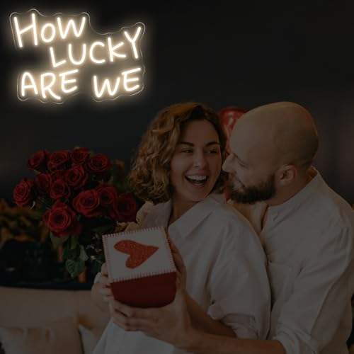 Image of How Lucky Are We Neon Sign, Romantic Anniversary LED Light, Home Bedroom Wall Decor,Valentine's Day Decor, Wedding Neon Wall Art, 15.7 inchx11 inch, Warrm White