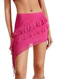 Verdusa Women's Asymmetrical Ruffle Hem Mesh High Waist Mini Bodycon Skirt Hot Pink XS