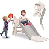 Rutsche Indoor Outdoor für Kinder, Kinderrutsche Faltbare mit Basketballkorb, Gartenrutsche Kleinkinderrutsche, Kinder Rutsche ab 1 2 3 Jahre (Hirsch – Grau)