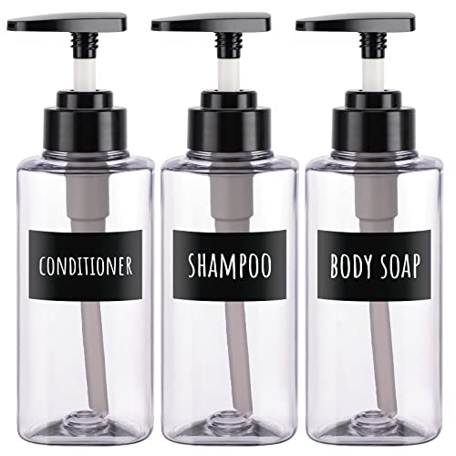 Segbeauty Distributeurs de Savon avec étiquettes, Lot de 3 Bouteilles de Shampoing de 300 ML, Bouteille de Savon pour Les Mains en Plastique Rechargeable pour Cuisine et Salle de Bain, Transparent Cover