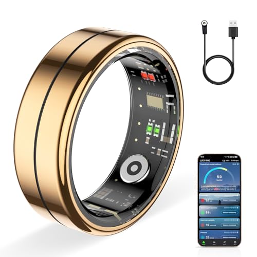 HPLSZCN Smart Ring Fitness Tracker, Smart Rings for Women Men, Sleep, Heart Rate, SpO2, Pressure, Women Health Wearable, Health Ring 5ATM Waterproof, iOS/Android Compatible (Gold, 8)