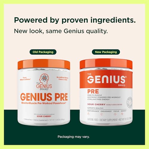 Image of The Genius Brand Genius Pre - Clean Pre-Workout Powder for Energy, Focus & Fitness Support - Made with Flavors, Colors, and sweeteners from Natural Sources - Non-GMO - 20 Servings - Sour Cherry