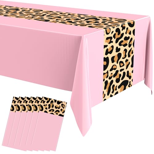 Image of Buryeah Leopard Print Tablecloth 54 x 108'' Leopard Plastic Table Cover Disposable Safari Animal Cheetah Print Party Decorations for Baby Shower Wedding Birthday Party Favors (Pink,6 Pcs)