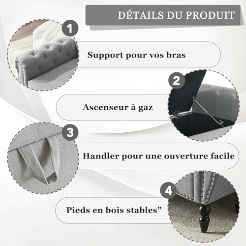 Banc coffre rangement capitonné gris accoudoirs Ckaff