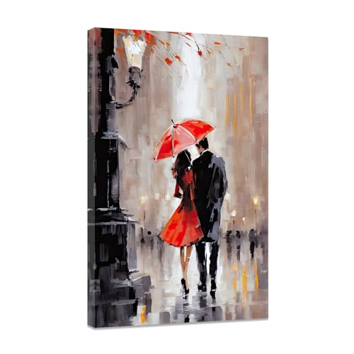 Image of CCWACPP Romantic Couple Wall Art Street Lovers with Red Umbrella Painting Abstract Canvas Prints Paris Artwork For Girls Bedroom Room Wall Decor Framed (B, (40.00 x 60.00 cms))