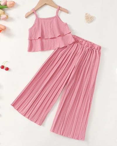 Image of Baby Girl Clothes Toddler Summer Sleeveless Ruffle Girls Outfits Pleated Wide Leg Pants Solid Color Kids Clothing Set