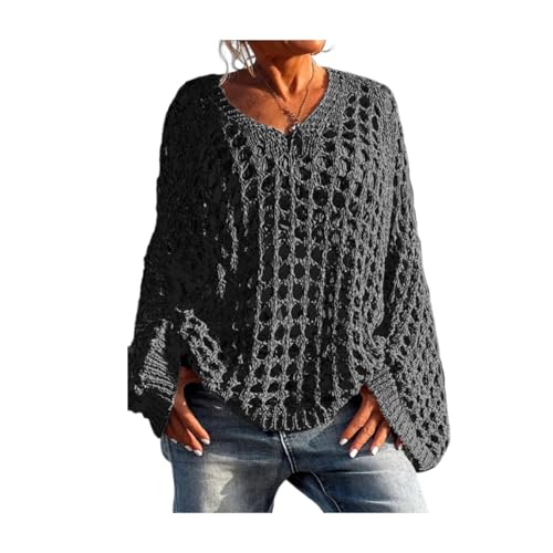 Women's Casual Solid Color Crochet Knitted Top,Casual Long Sleeve Loose Hollow Out Knit Pullover Tops