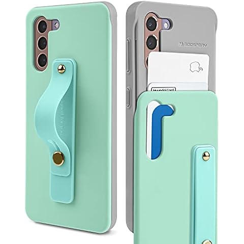 GOOSPERY SlideTok Compatible with Galaxy S21 Case, Card Holder Phone Finger Grip Band Loop Stretch Holder Kickstand 2 Card Storage Dual Layer Protective Bumper Wallet Cover (Mint) S21-SKYTOK-MT Cover
