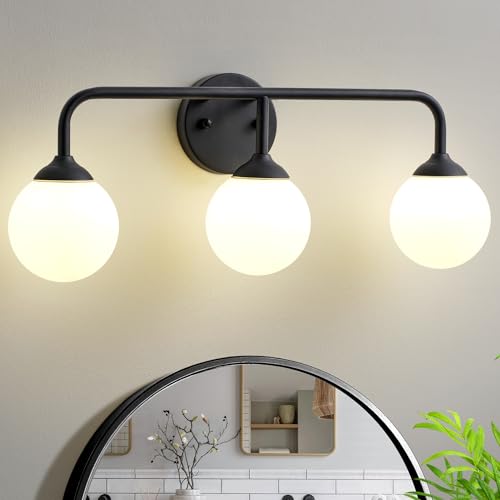 Image of Bathroom Light Fixtures - 3 Light Brushed Brass Vanity Light Over Mirror for Bathroom Mirror Living Room Bedroom, Black Bathroom Wall Sconce with Frosted Glass Shade, 3 G9 Bulbs Included