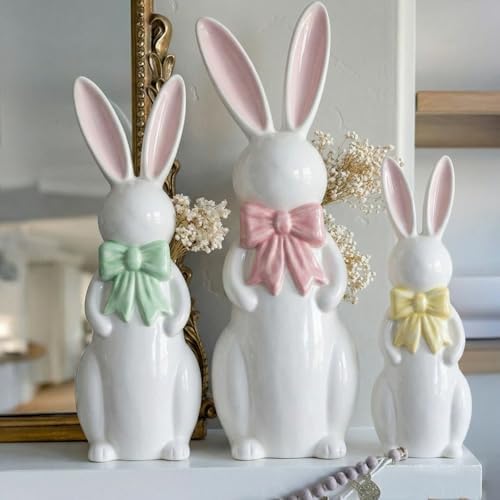 Easter Decorations 3 Pcs Ceramic Pastel Easter Bunny Decor Rabbit...