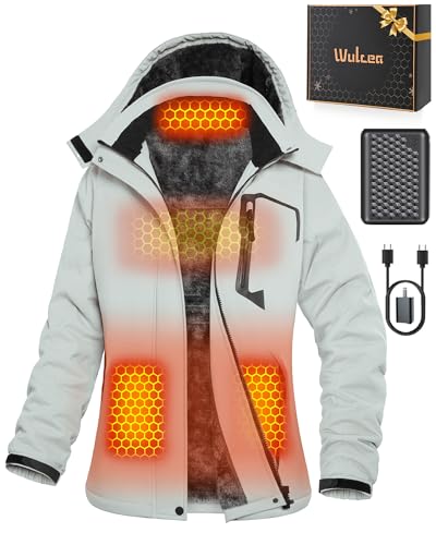 Women Puffer Graphene Heated Jacket Battery Pack Charger Ladies Electric Warming Coat USB Ski Heating Apparel Clothes Rain Snowboard Puffer Snow Insulated Softshell Warm Outerwear Suit Grey White