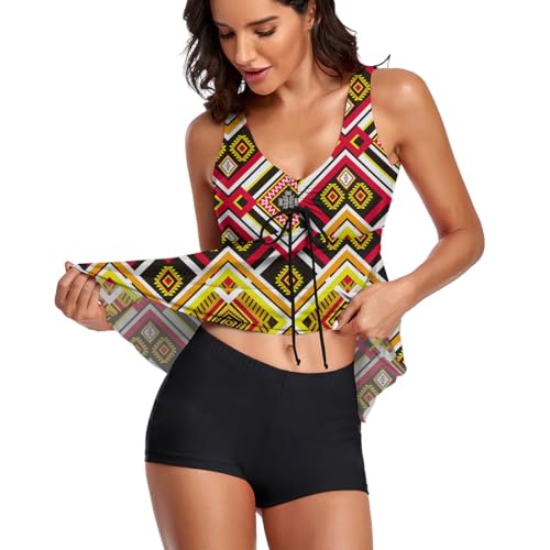 Image of Modest Tankini Swimsuits for Women Two Piece Bathing Suits Floral Print Tank Top with Boyshorts Tummy Control Swimming Suits