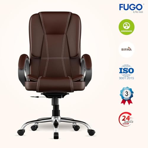 Image of FUGO FG13B Ergonomic Office Chair with Adjustable Height Cushioned Back Seat Tilting Mechanism HeavyDuty Metal Base Dual Nylon Casters Ideal for Work Gaming Study 3Year Warranty (Brown)