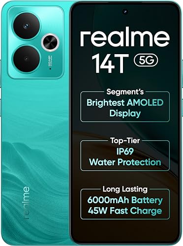 Image of realme 14T 5G (Surf Green, 8GB RAM, 128GB Storage) | 6.67 inch 120Hz AMOLED FHD+ 2100 nits 111% DCI-P3 | 50MP+2MP Rear + 16MP Selfie | 6000mAh | 45W | Dimensity 6300 | IP69 | Android 15, UI6.0
