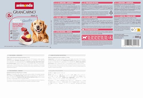 animonda GranCarno Adult Sensitiv Rind + Kartoffeln (6 x 800 g), Nassfutter für ernährungssensible Hunde, Nassfutter für Hunde mit bekömmlichen Zutaten, Sensitives Hundefutter ohne Getreide