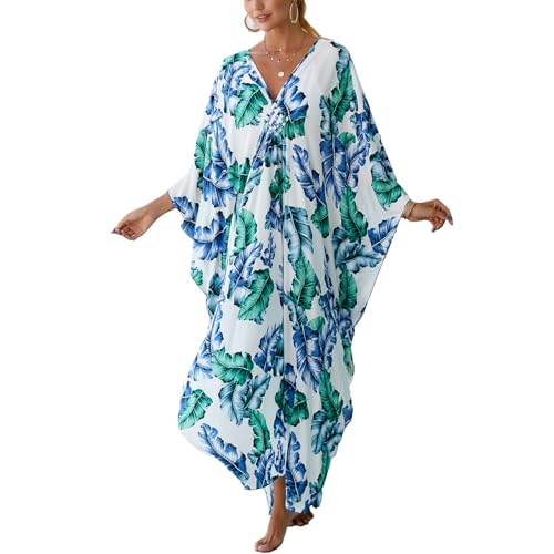 Image of sunforyou Kaftan Dresses for Women Plus Size Lightweight Swimsuit Cover up Batwing Sleeve Print Loungewear Beach Robe